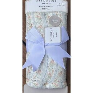 BONBINI Muslin Fleece Baby Blanket Pink Flowers Blue Scroll Reversible Faux Fur